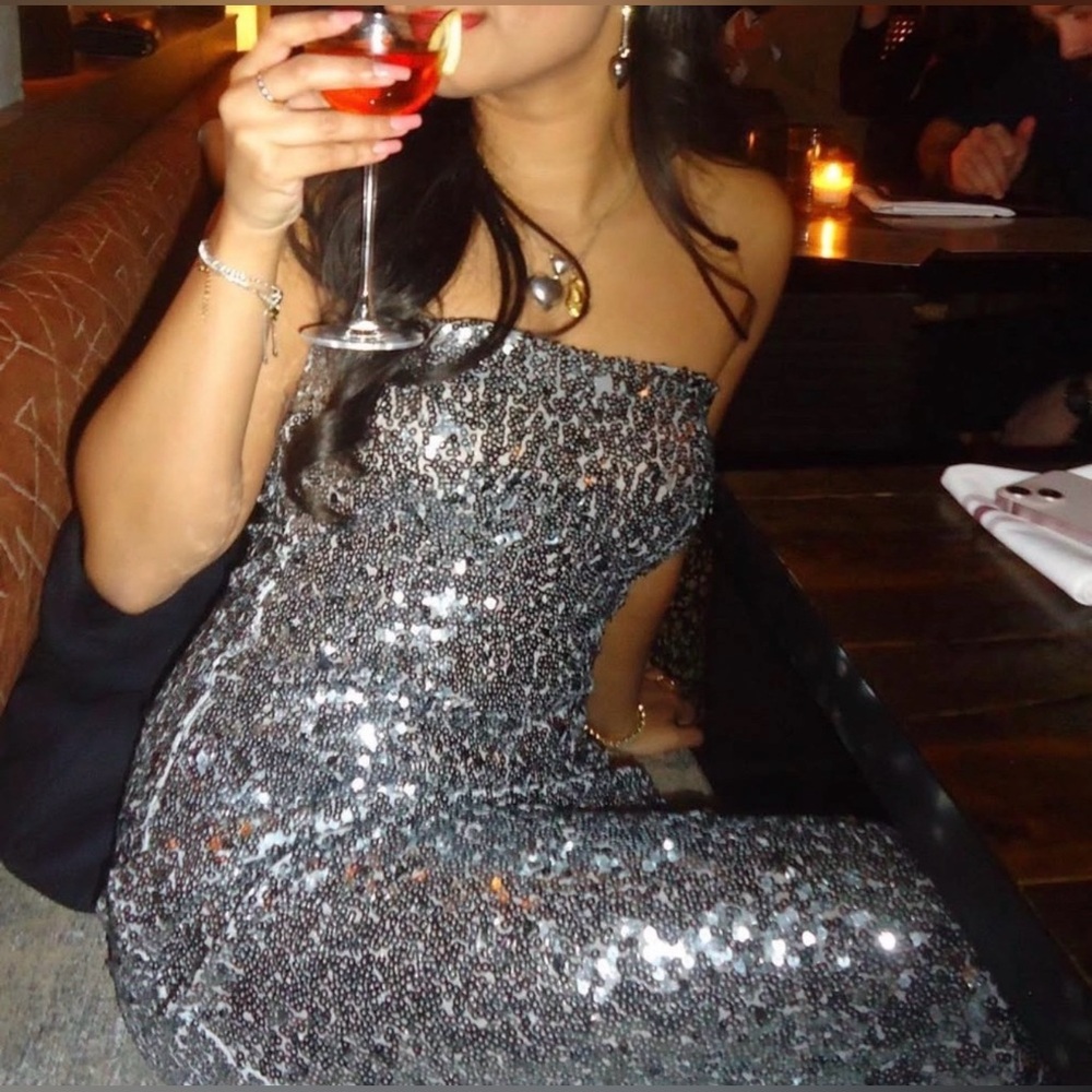Zara Silver Sequin Strapless Long Dress with Slit